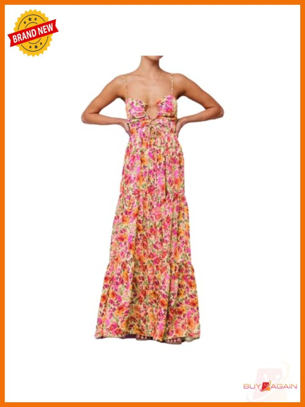 Women Floral Maxi Dress Tie Front Backless Boho Spaghetti Strap Sundress